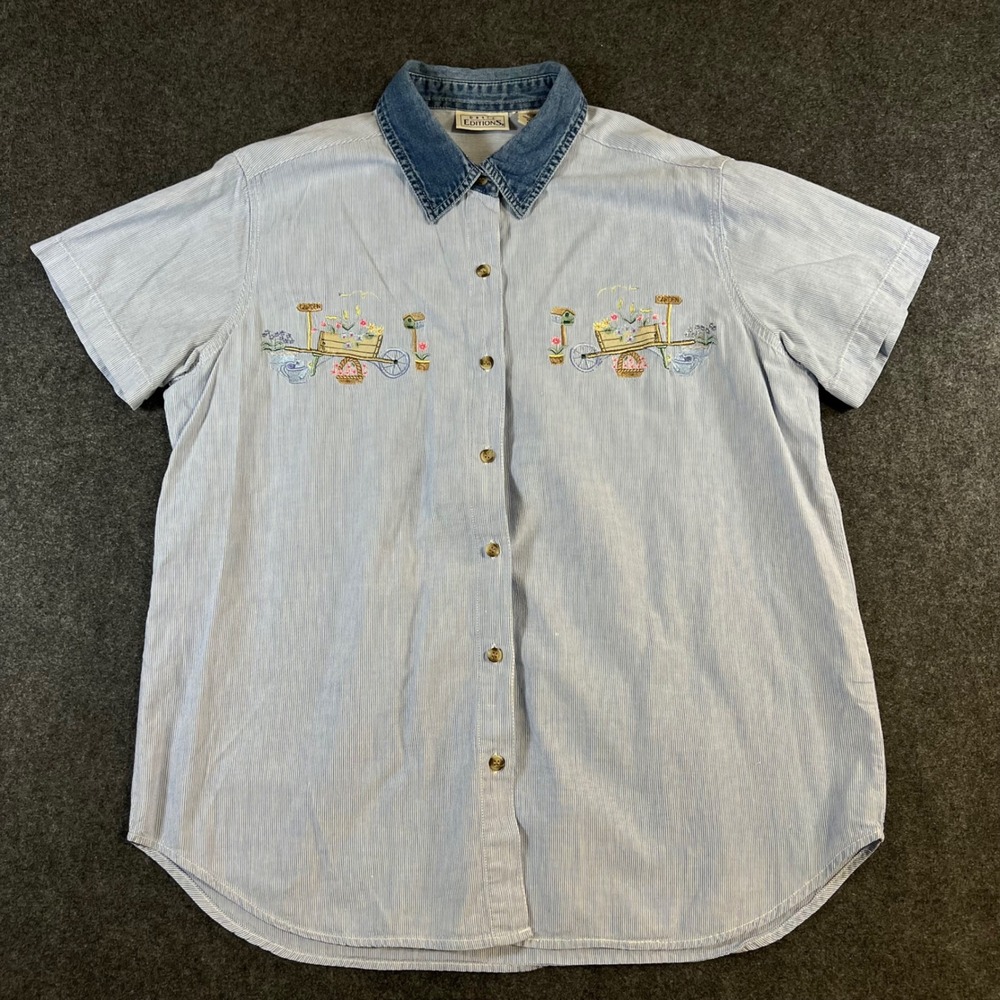Basic Editions Womens Blue Striped Garden Embroidered Denim‎ Collar Shirt Large